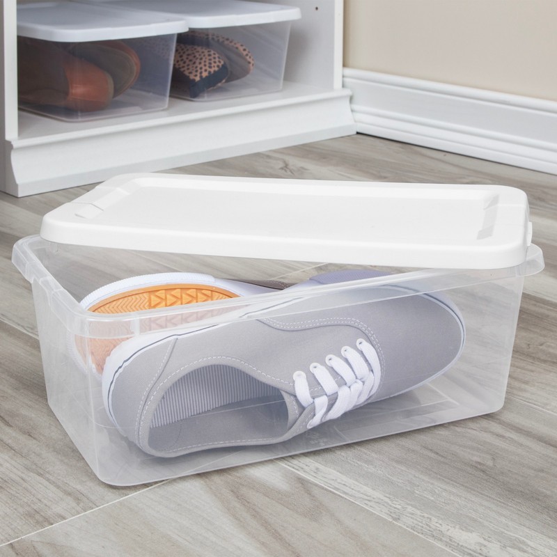 Sterilite 6 Qt Clear Storage Bin, Snap-on White Lid, 10-Pack, Stackable Plastic gallery