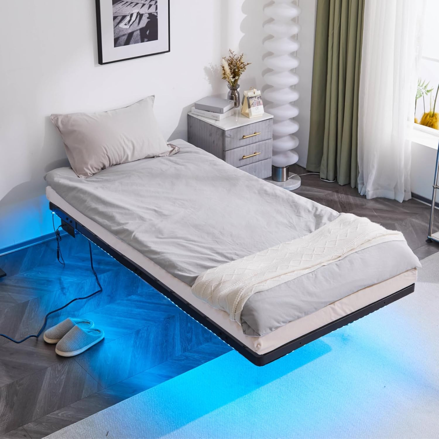 Twin Floating Bed Frame with USB Charging Station/LED Lights 14'' Platform Bed gallery