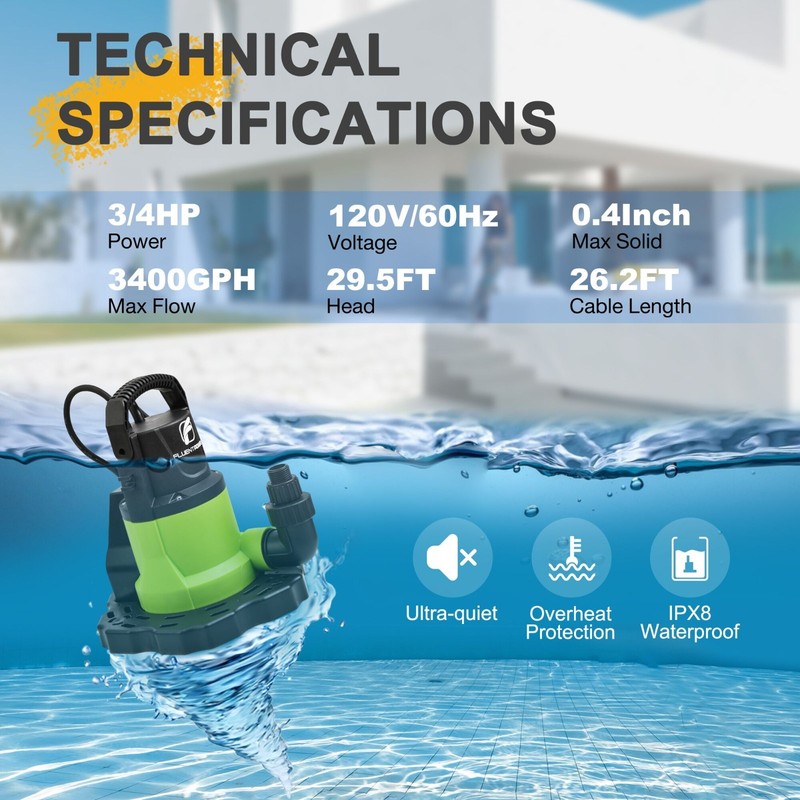 FLUENTPOWER Automatic Pool Cover Pump, 3/4 HP 3400GPH Submersible Water Pump gallery