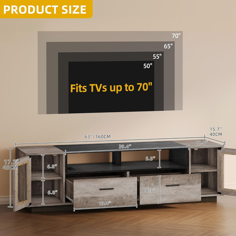Rustic Grey Modern TV Stand with Power Outlets for 65" TVs and Storage gallery