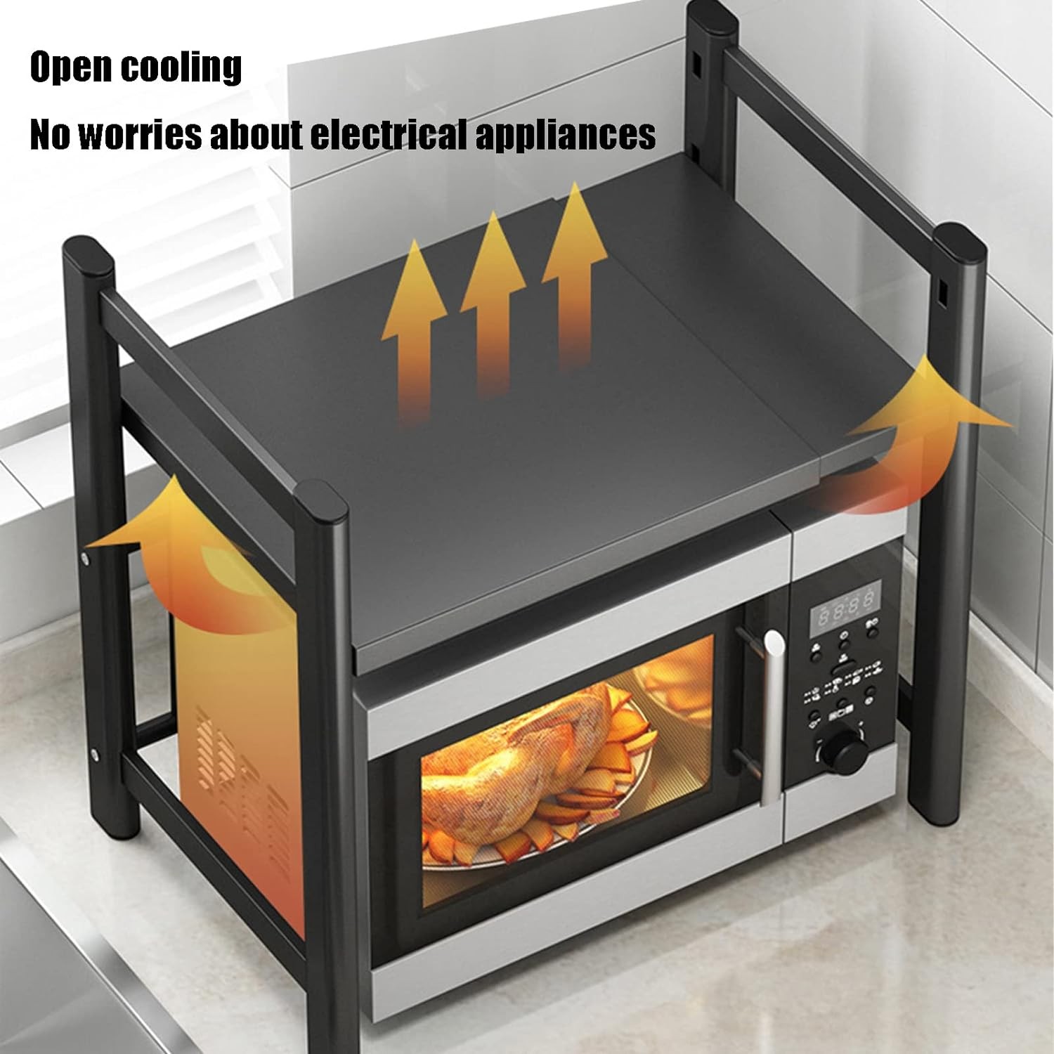 Expandable Microwave Stand with Hooks, Metal Kitchen Counter Shelf Organizer gallery