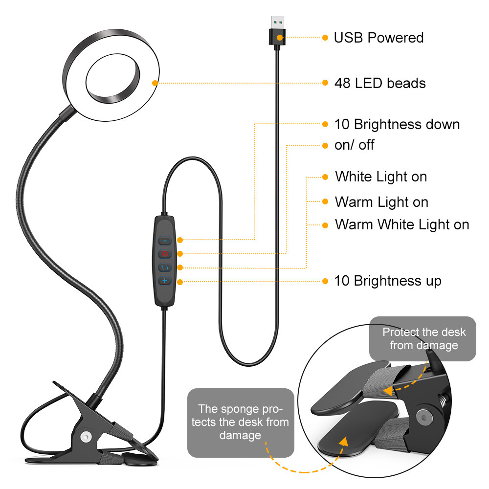 1x Clip on Light LED 3 Color Modes Reading Desk Lamp 360°Rotatable Bedside Light gallery