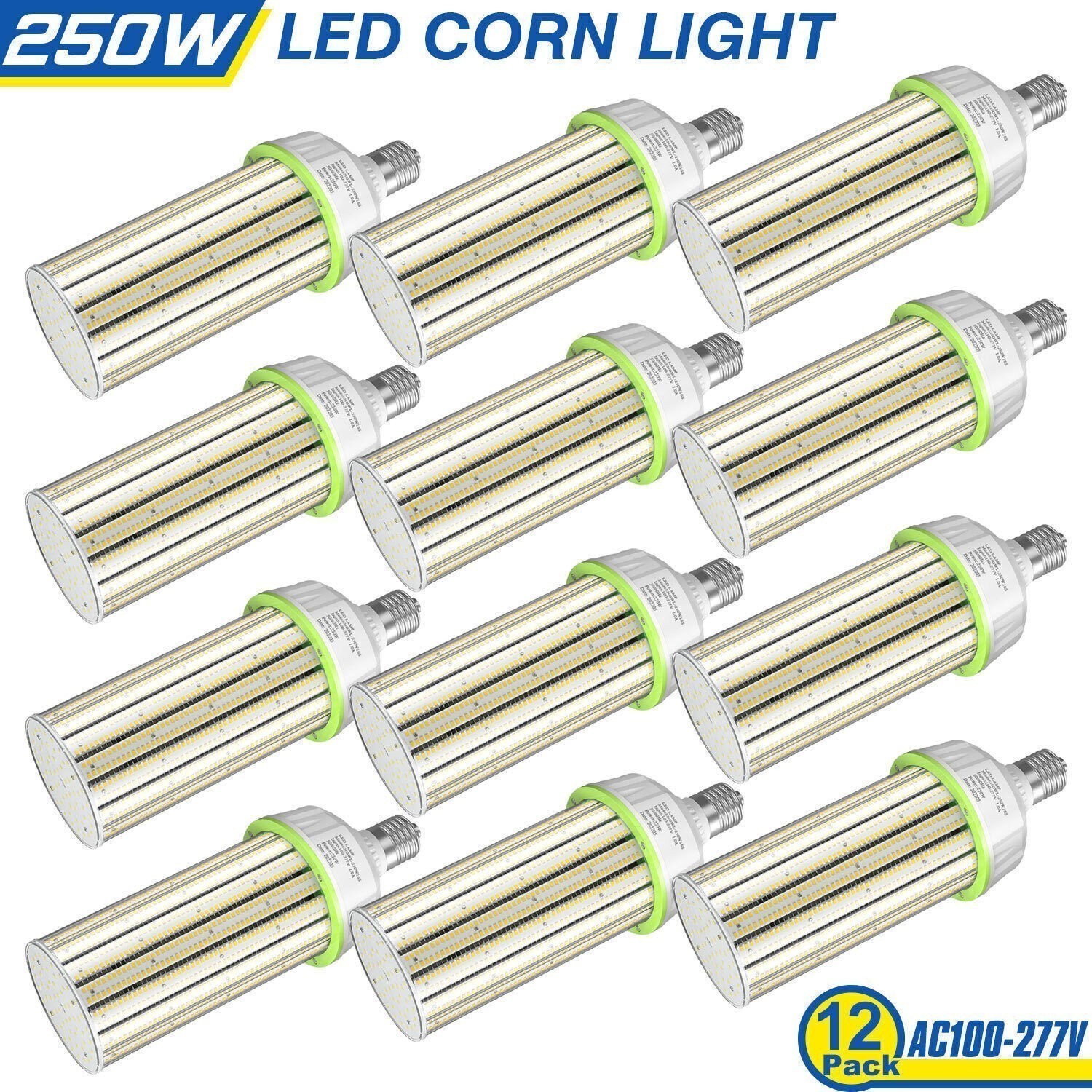 12Pack 250W LED Corn Light Bulb 5000K E39 Base, Warehouse Workshop High Bay Lamp gallery