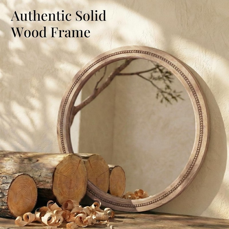 30" Round Solid Wood Mirror, Handcrafted Beaded Circle for Bathroom Vanity gallery