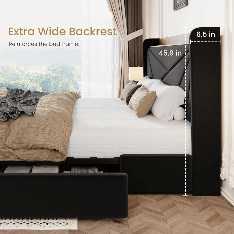 SHA CERLIN King Size Bed Frame with 3 Drawers, USB & Type-C Charging Ports, Velv gallery