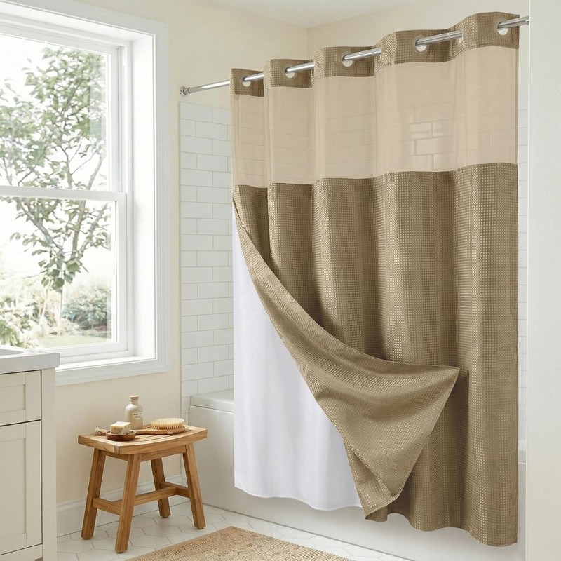 72x75 Hookless Waffle Pattern Shower Curtain - Water-Resistant Long Shower gallery