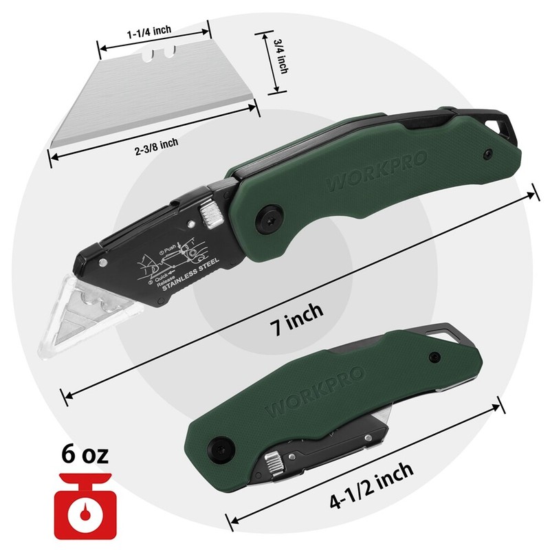 WORKPRO Folding Utility Knife G10 Handle Box Cutter Quick Change Blade 10 Blades gallery