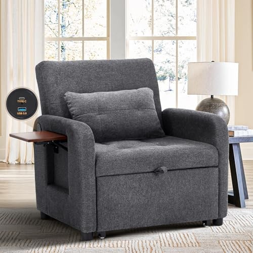 Convertible Sleeper Chair-Fabric Futon Sofa Bed, Single Sleeper New Darkgrey gallery