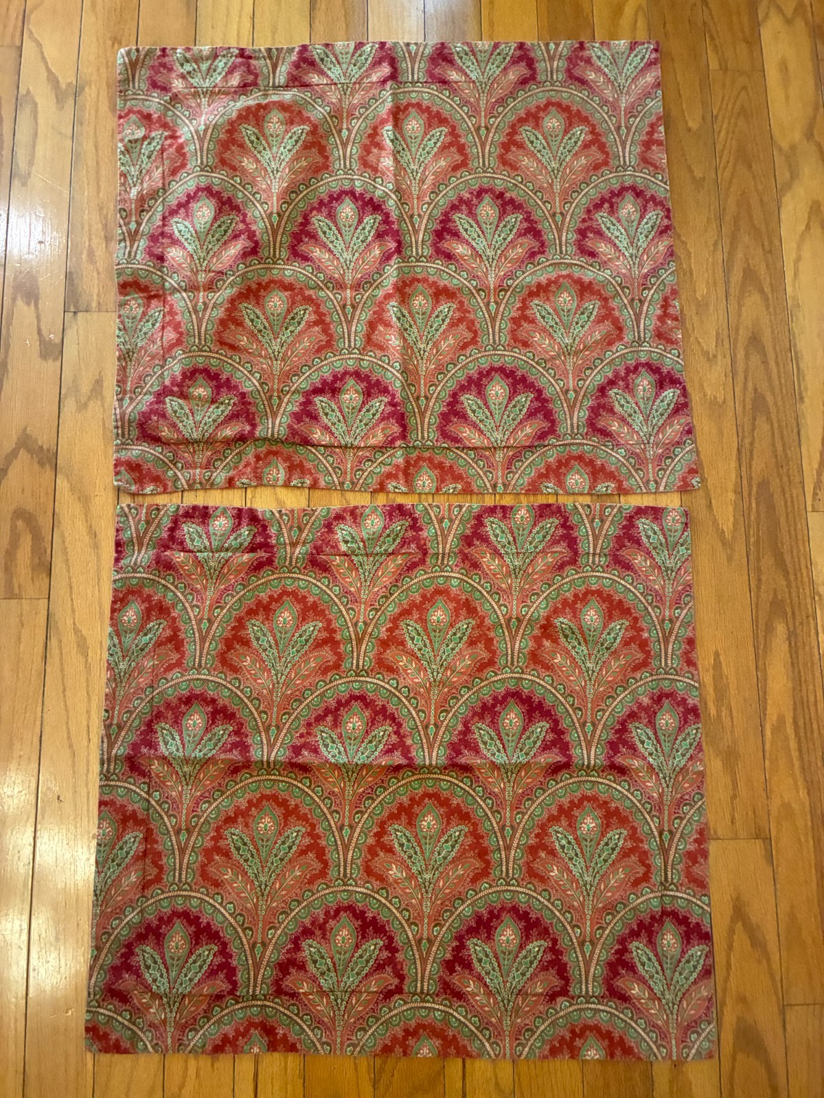 Two POTTERY BARN PILLOW SHAMS Standard Square MARCELLE RED Jacobean Green Leaf gallery