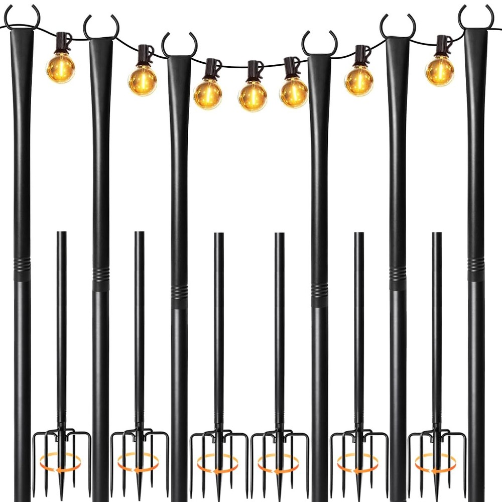 6 Pack String Light Poles for Outside, Heavy-Duty Metal Light Poles for Outdo...