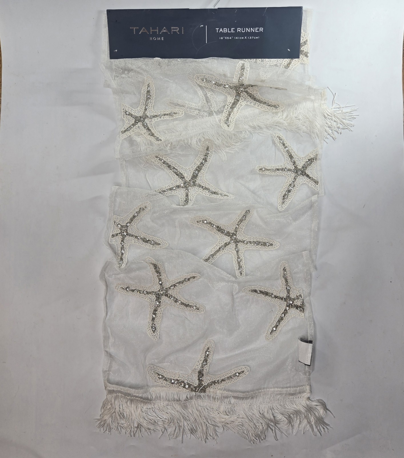 Tahari Sheer Embroidered Beaded Table Runner Starfish Beach with Fringe 16 x 54" gallery