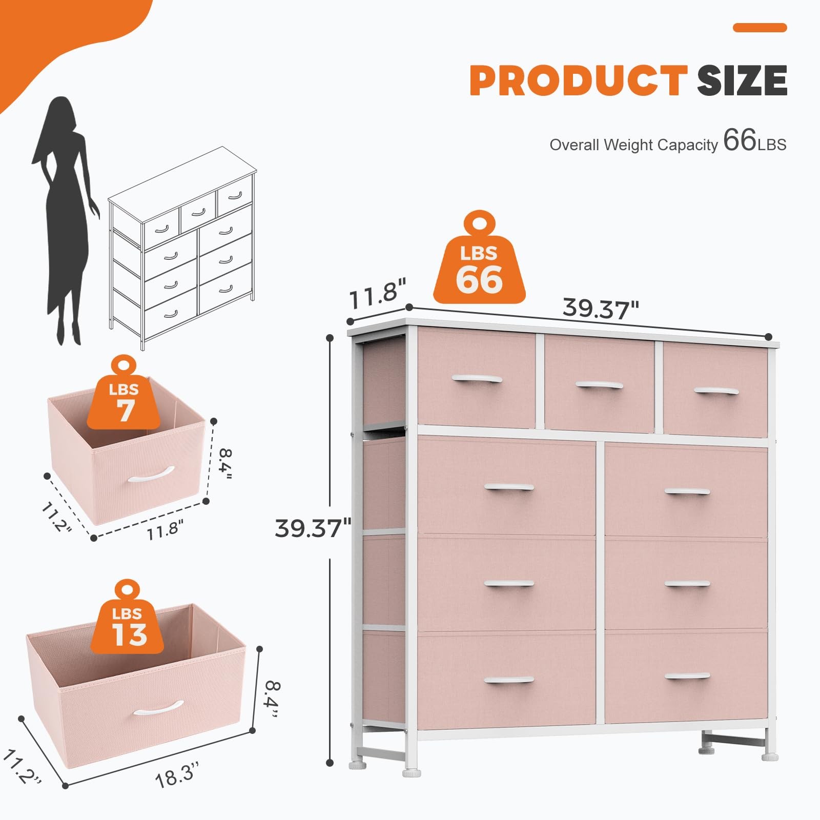 Fabric Dresser 9 Drawer Storage Tower Pink Wood Top Steel Frame CAB-9BC Chest gallery