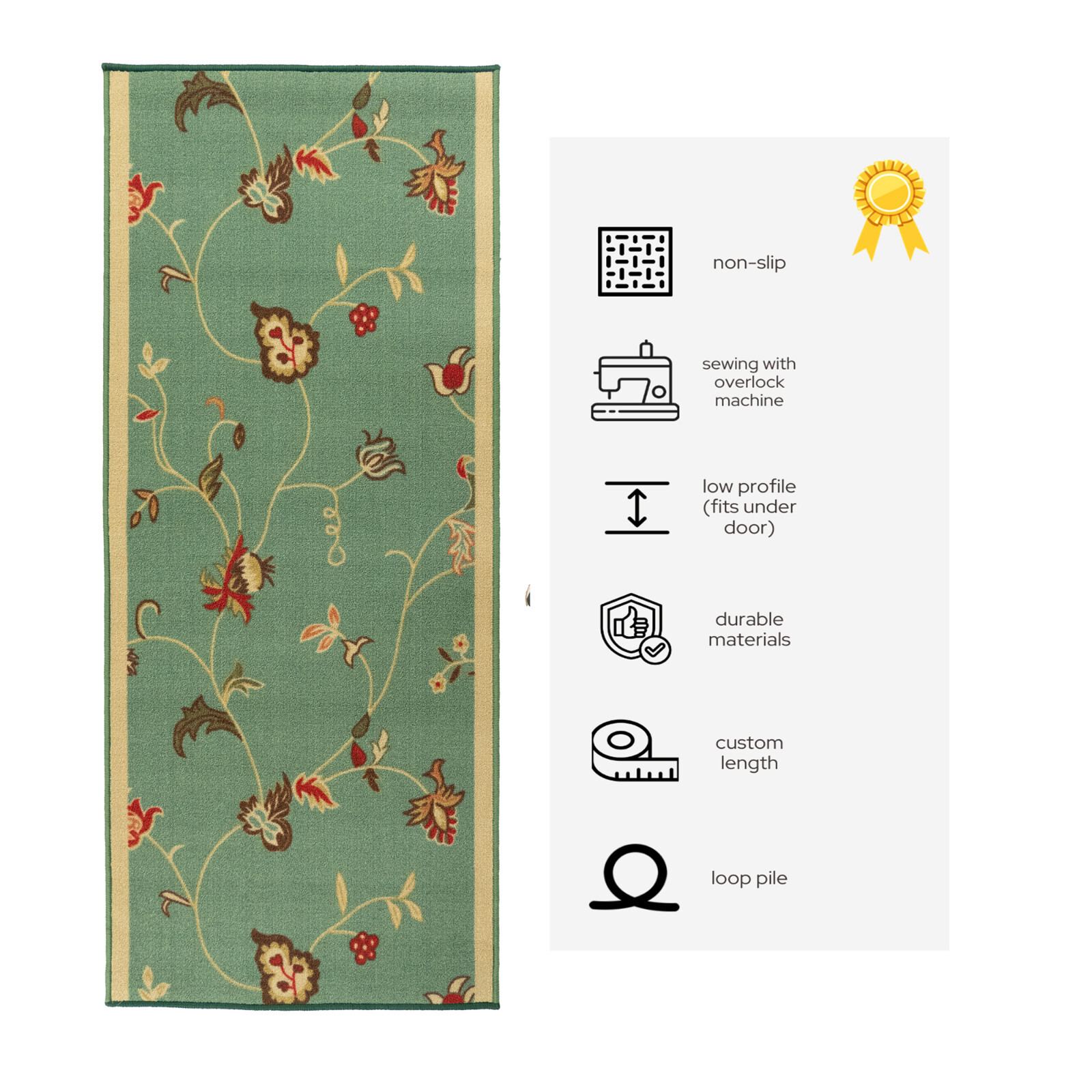Custom Size Floral Green Stair Runner Slip Resistant 26" / 36" Wide gallery