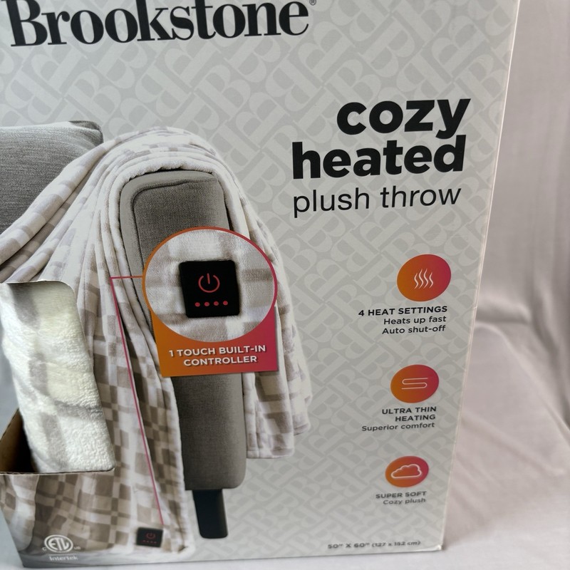 Brookstone Cozy Heated Plush Throw Blanket New In Box 50"x 60" Beige Brown Plaid gallery