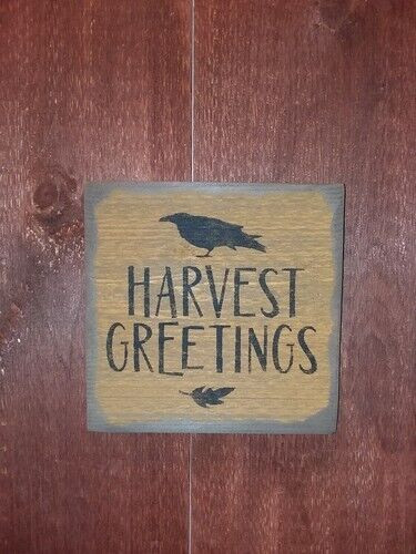 New Primitive BARNWOOD HARVEST GREETINGS Sign 9"Wx9"H AGED Black Mustard Rustic gallery