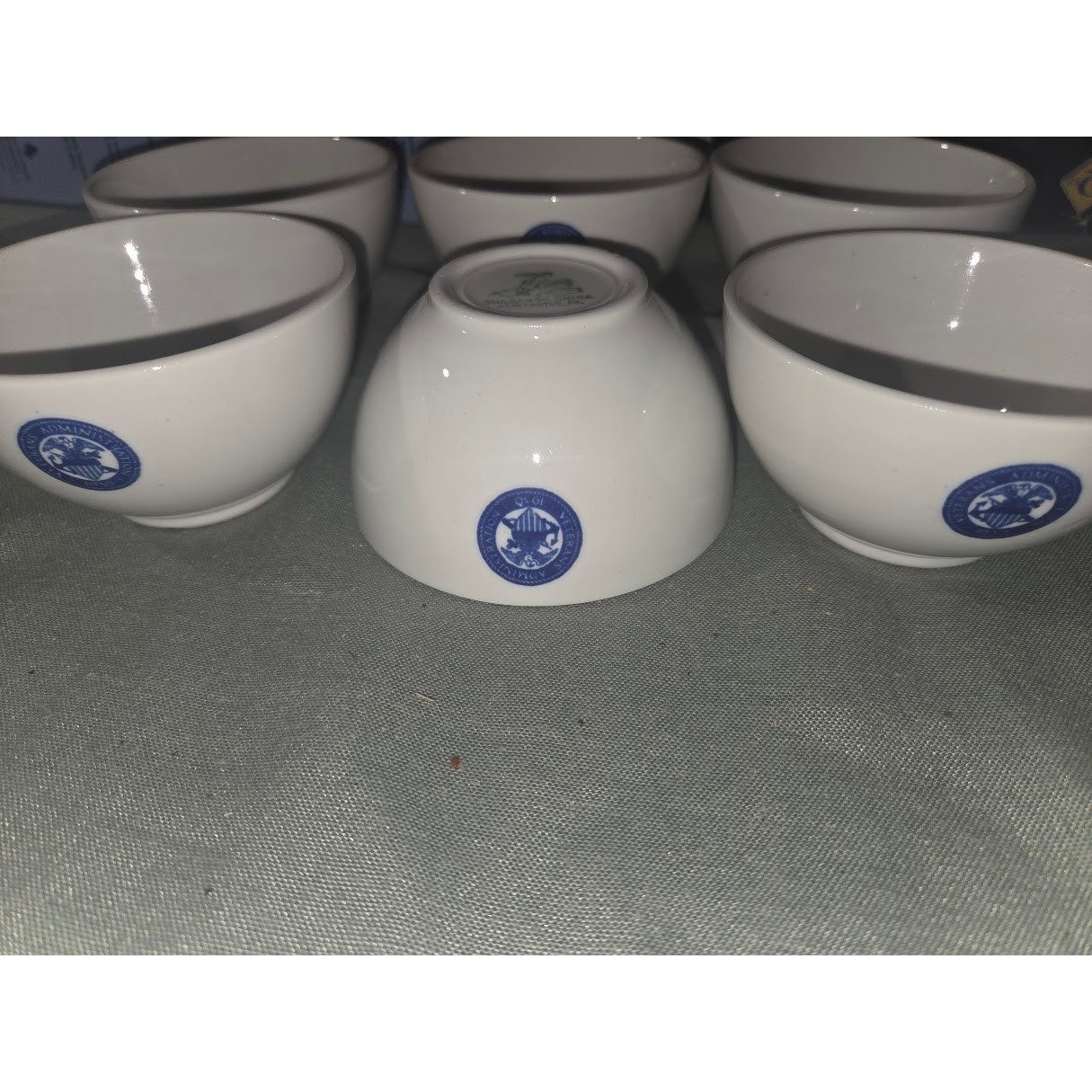1930s Shenango China Veterans Administration Small Bowls Set of 6 White Blue gallery