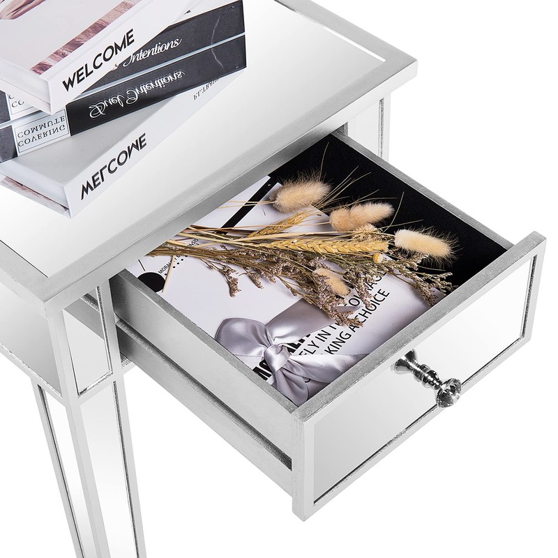 VINGLI Mirrored End Table with Drawer Silver Modern 1 Pack, gallery