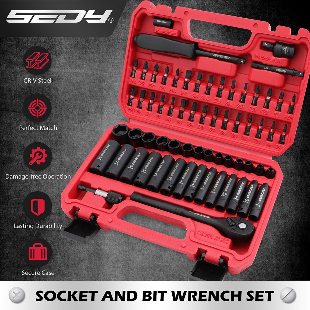 64PC 1/4" Drive Impact Socket Wrench Bits Set Metric SAE Deep Shallow Ratchet S2 gallery