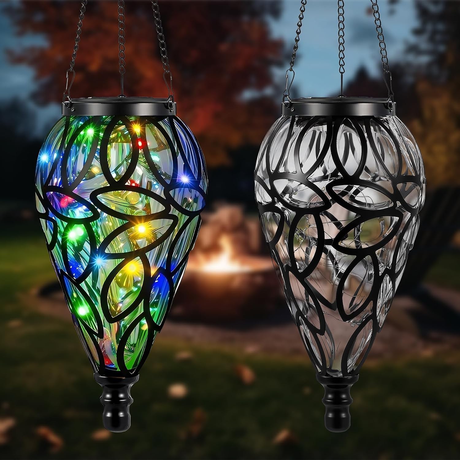 Solar Powered Hanging Lantern Lights Outdoor Chandelier Moroccan Style 2 Set gallery