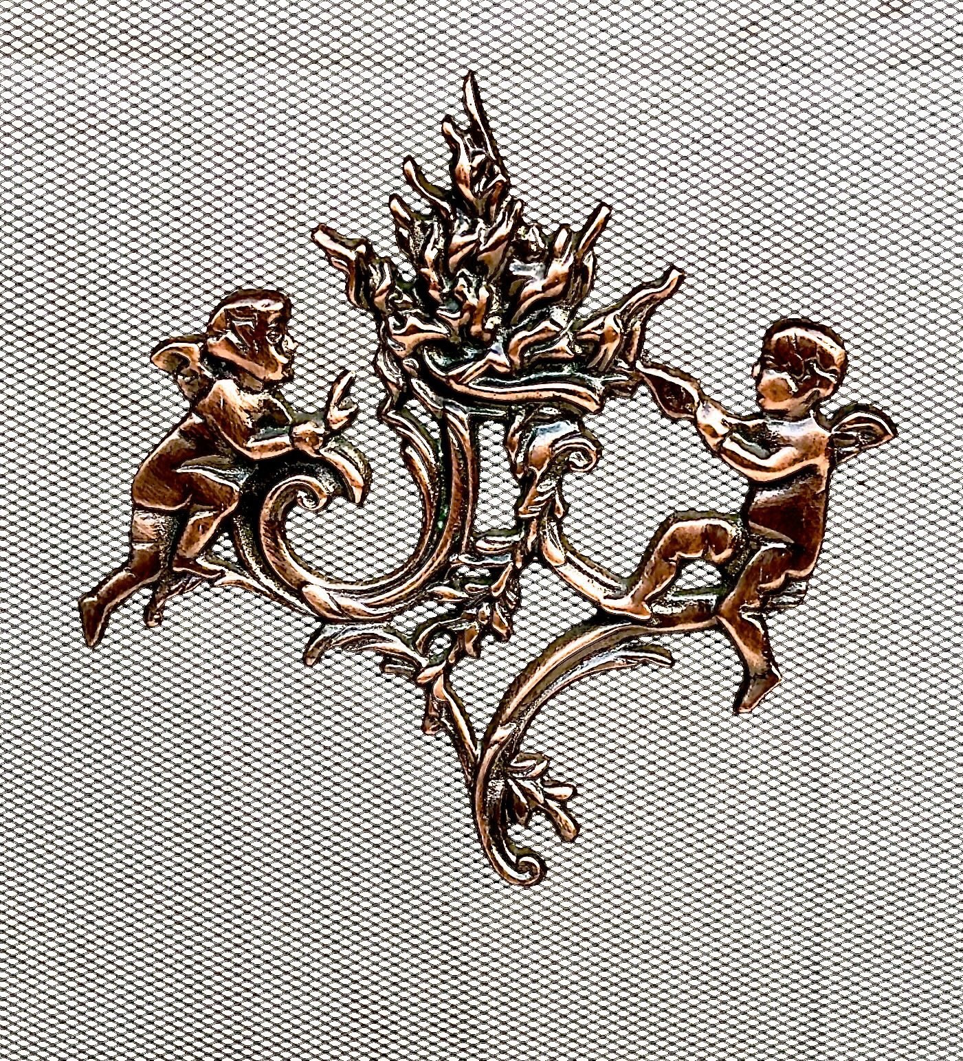 Antique Bronze Winged 3-Panel Fireplace Screen Metal Mesh w/ Feet, Cherub gallery
