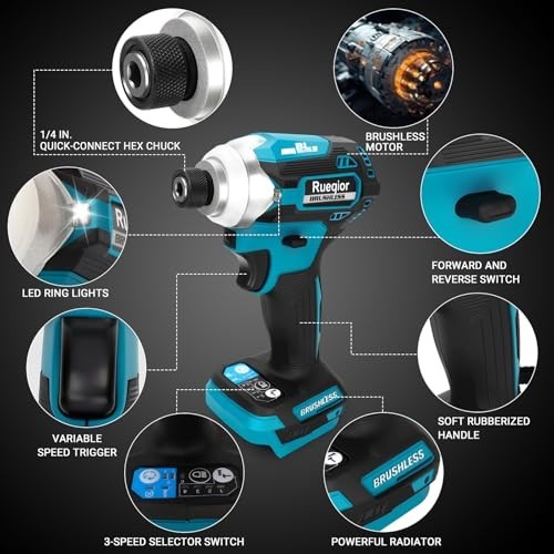 Cordless 1/4" Impact Driver, Brushless 220Ft-lbs, 3-Speed, LED Light, Tool Only gallery