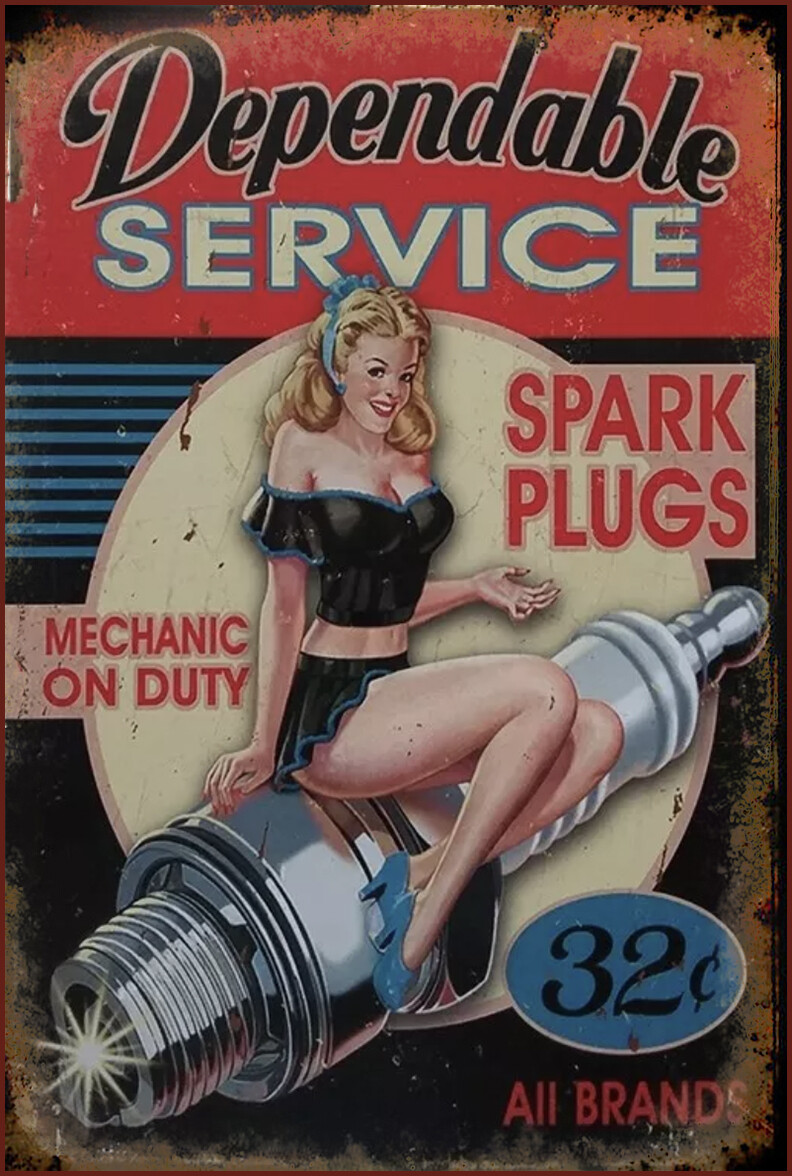 Dependable Service Spark Plugs Pinup Girl Metal Garage Mancave Shed Sign gallery