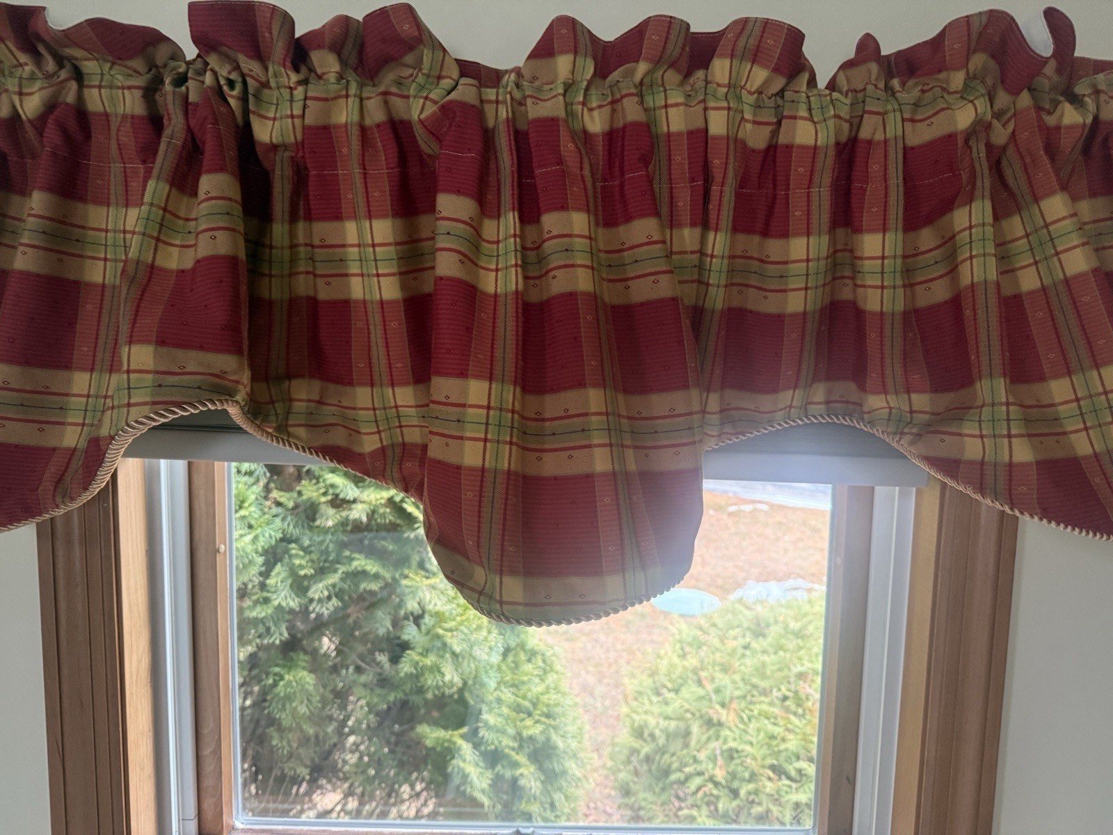 3 SCALLOP LINED VALANCES PIPING ORANGE RUST GOLD LIME PLAID & DESIGNS 72”X17” gallery