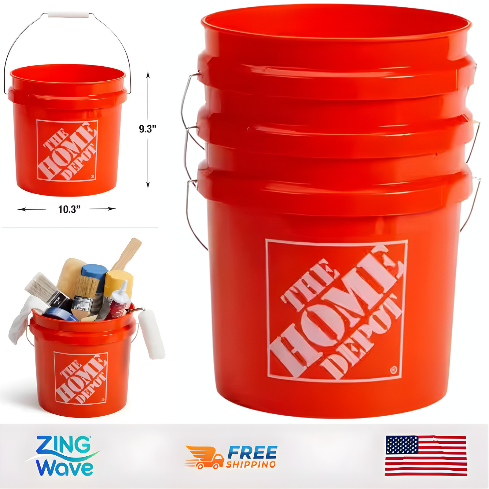 3 Qty 2 Gallon Orange Paint Buckets Heavy Duty Plastic Mixing Pail w Handle gallery