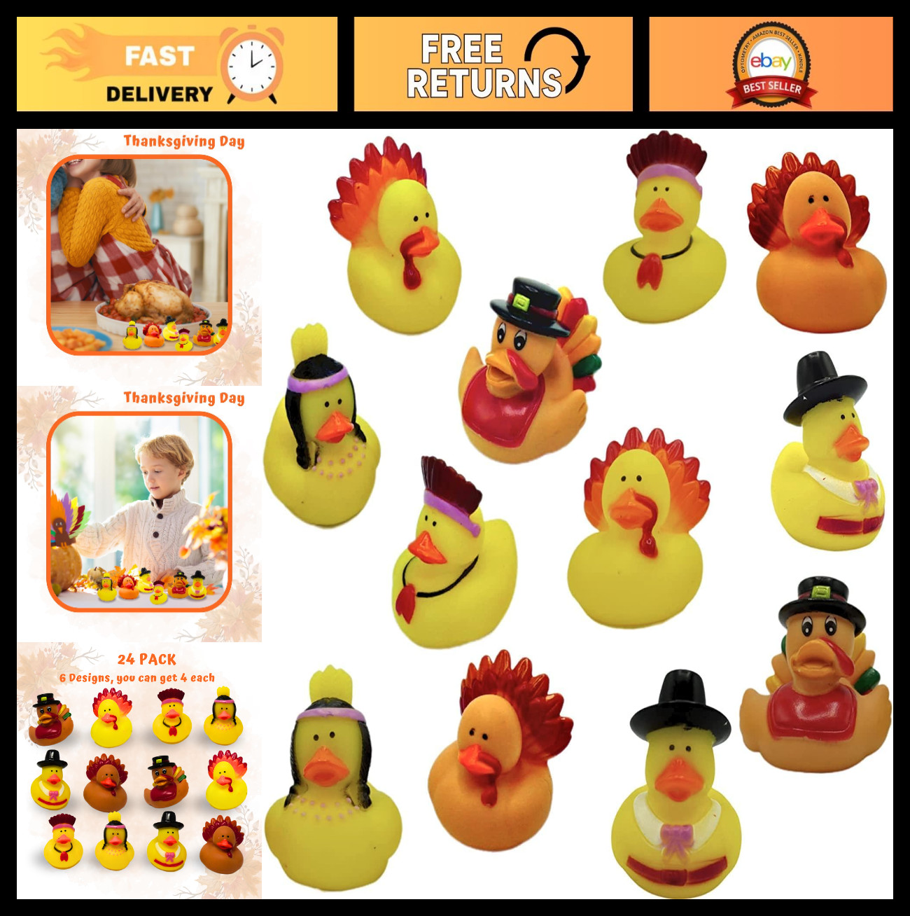 Thanksgiving Rubber Duckies 24 Pack - Turkey & Pilgrim Party Favors, Bath Toys gallery