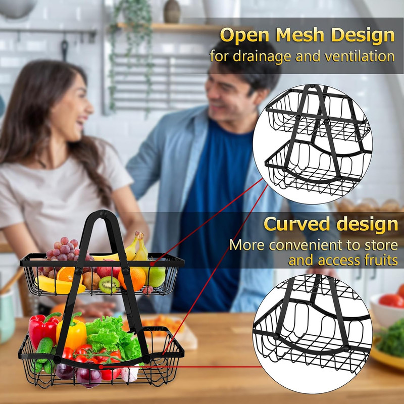 2 Tier Fruit Basket for Kitchen, Detachable Fruit Bowl for Kitchen Counter, Meta gallery