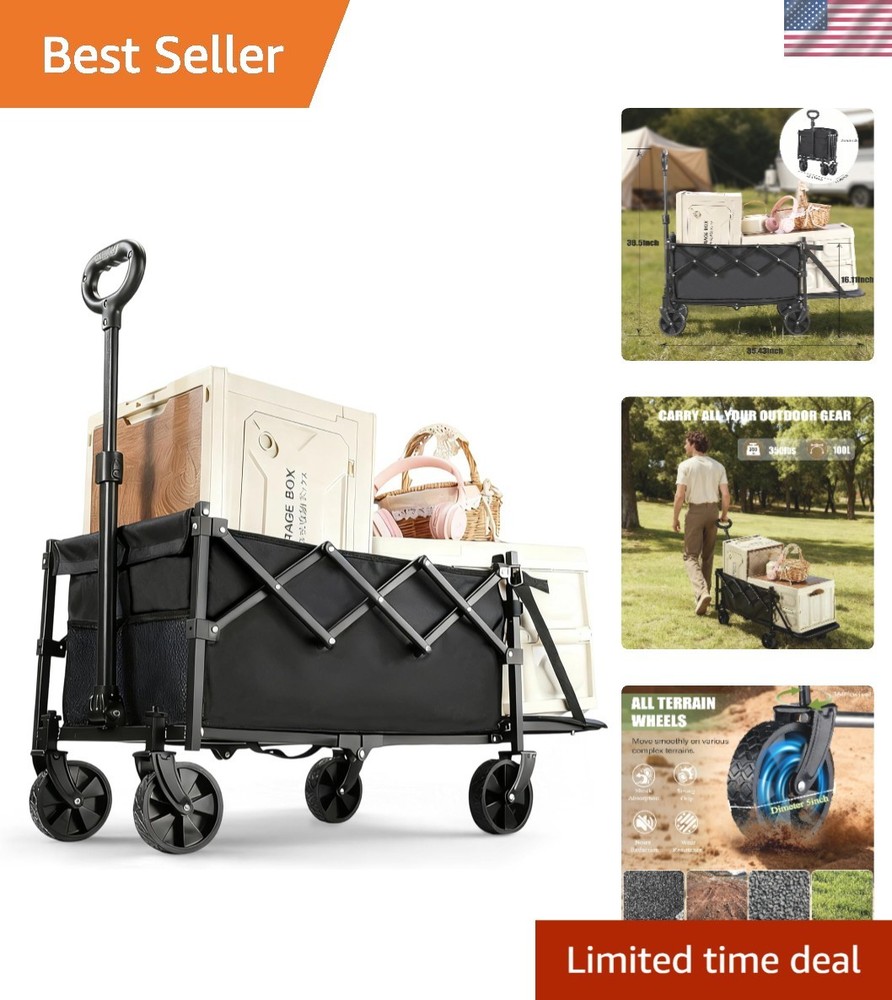 100L Folding Wagon Cart Push & Pull Beach, 350 lbs Weight Capacity Heavy Duty...
