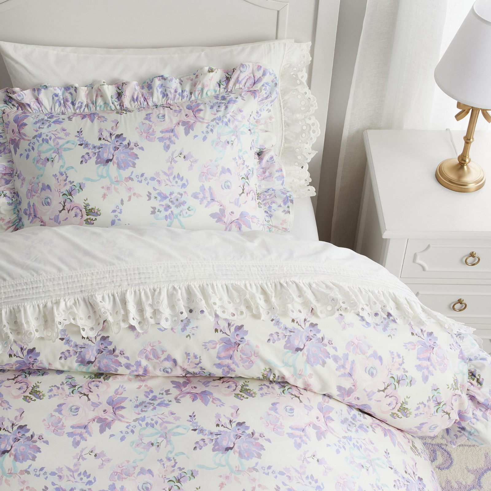 Pottery Barn LoveShackFancy Damask Ruffle Cotton Duvet Cover Twin Lavender gallery