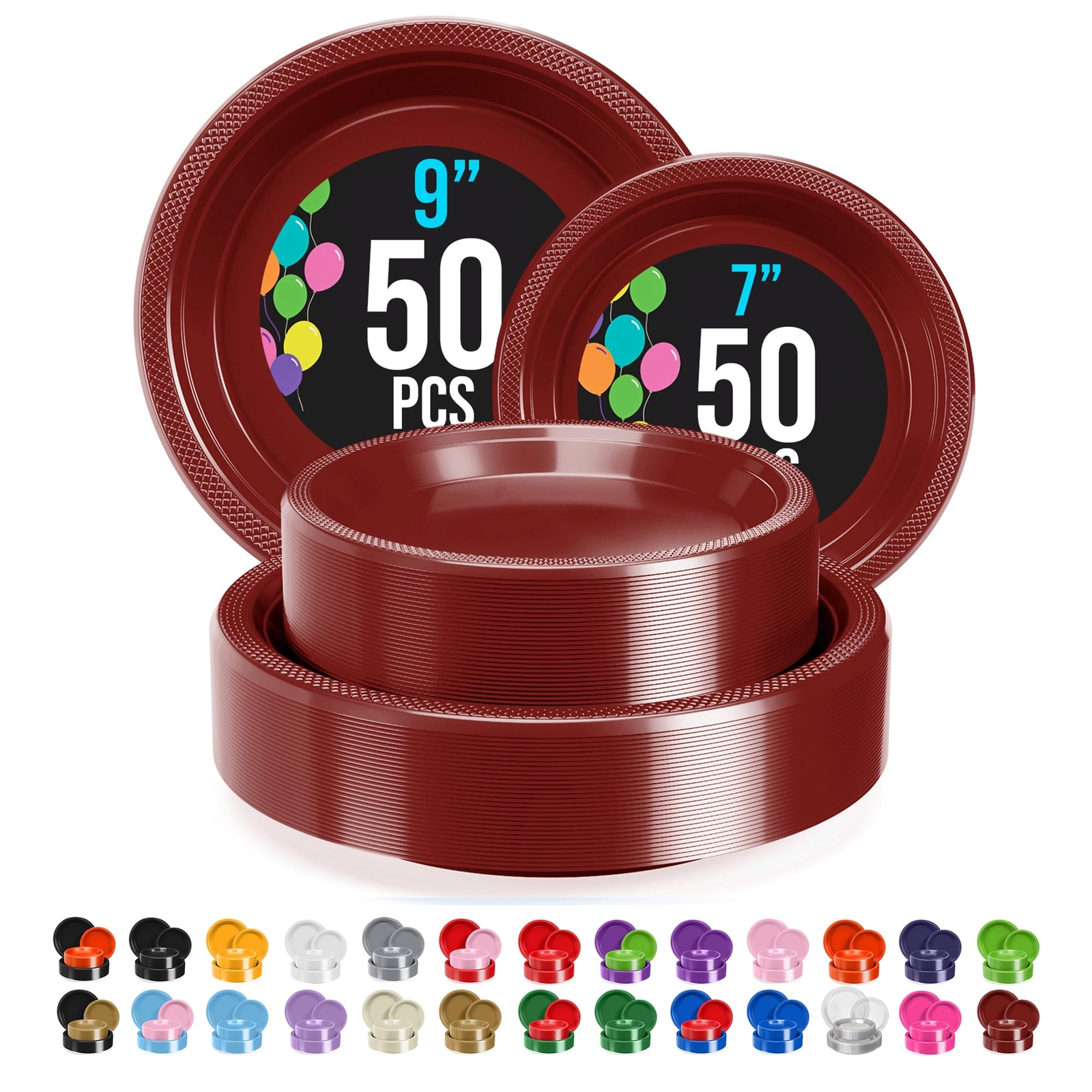 9 & 7 Inch. Dinner Plate Combo 100 Pack Burgundy Plastic Plates Disposable 507 I gallery