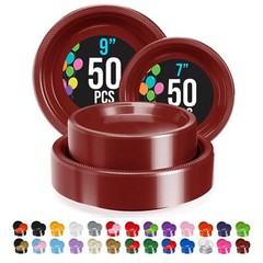 9 & 7 Inch. Dinner Plate Combo 100 Pack Burgundy Plastic Plates Disposable 507 I