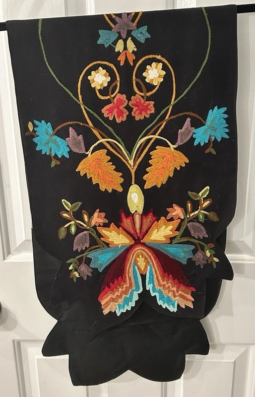 Table Runner 13” x 47” Black Wool Blend Multicolor Crewel Embroidered EUC gallery