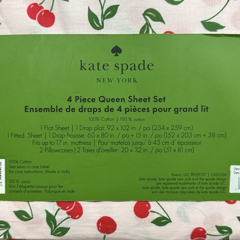 NWT Kate Spade Cherry Toss Pink Cherry Print 100% Cotton Queen Sheet Set 4pc gallery