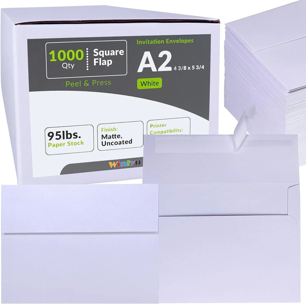 Winlyn 1000 Pcs Bulk A2 Invitation Envelopes in 1000 pcs white, White