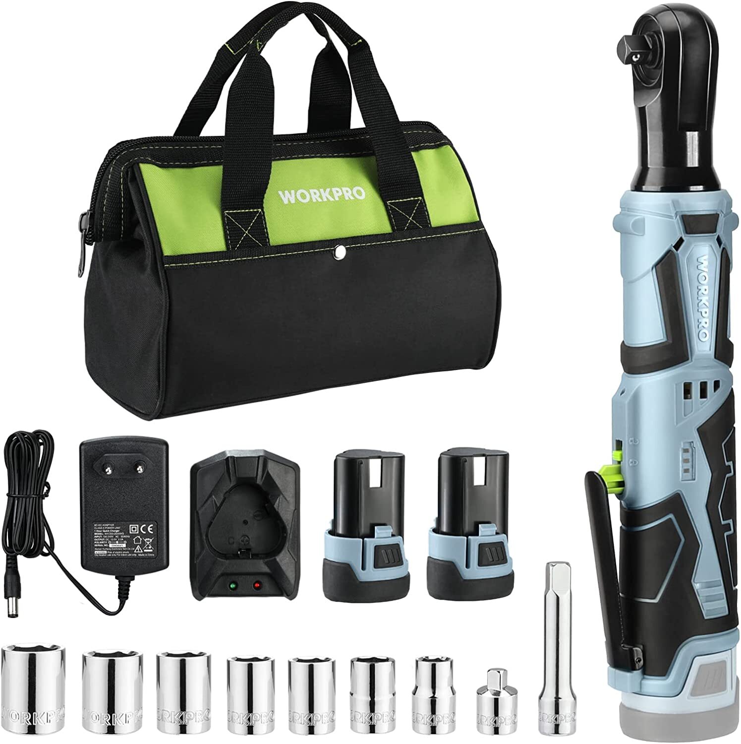 WORKPRO 12V Cordless Electric Ratchet Wrench 3/8" 40 Ft-lbs Ratchet Wrench Kits gallery