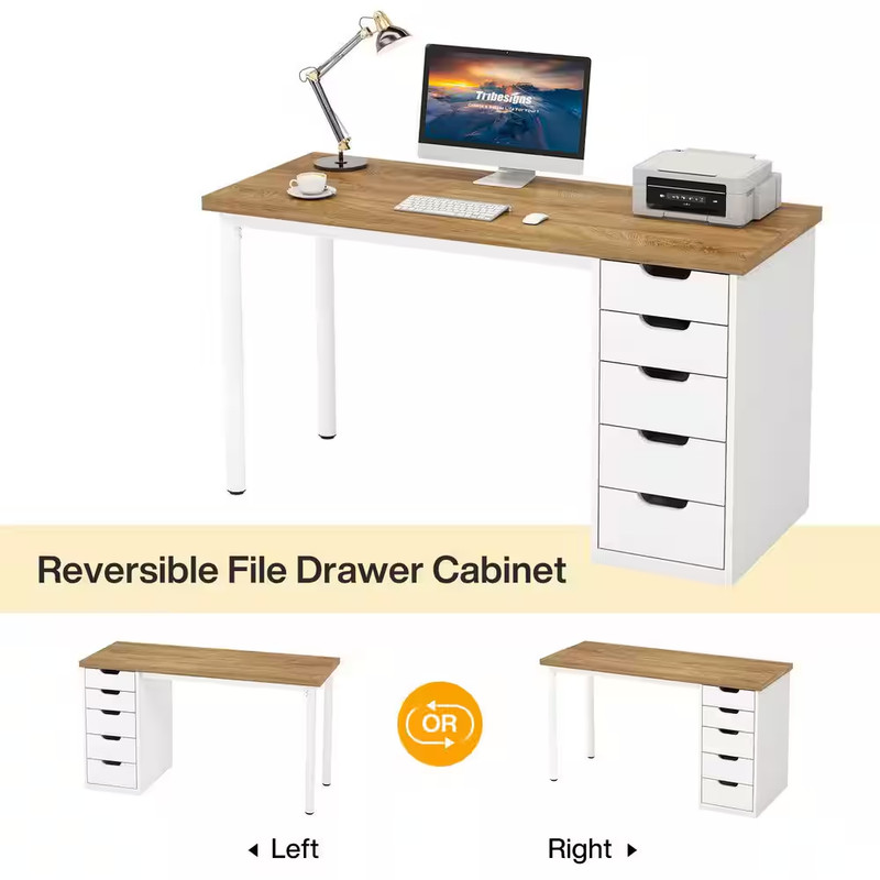 Havrvin 47 In. Rectangular Light Brown and White 5-Drawer Computer Desk for Home gallery