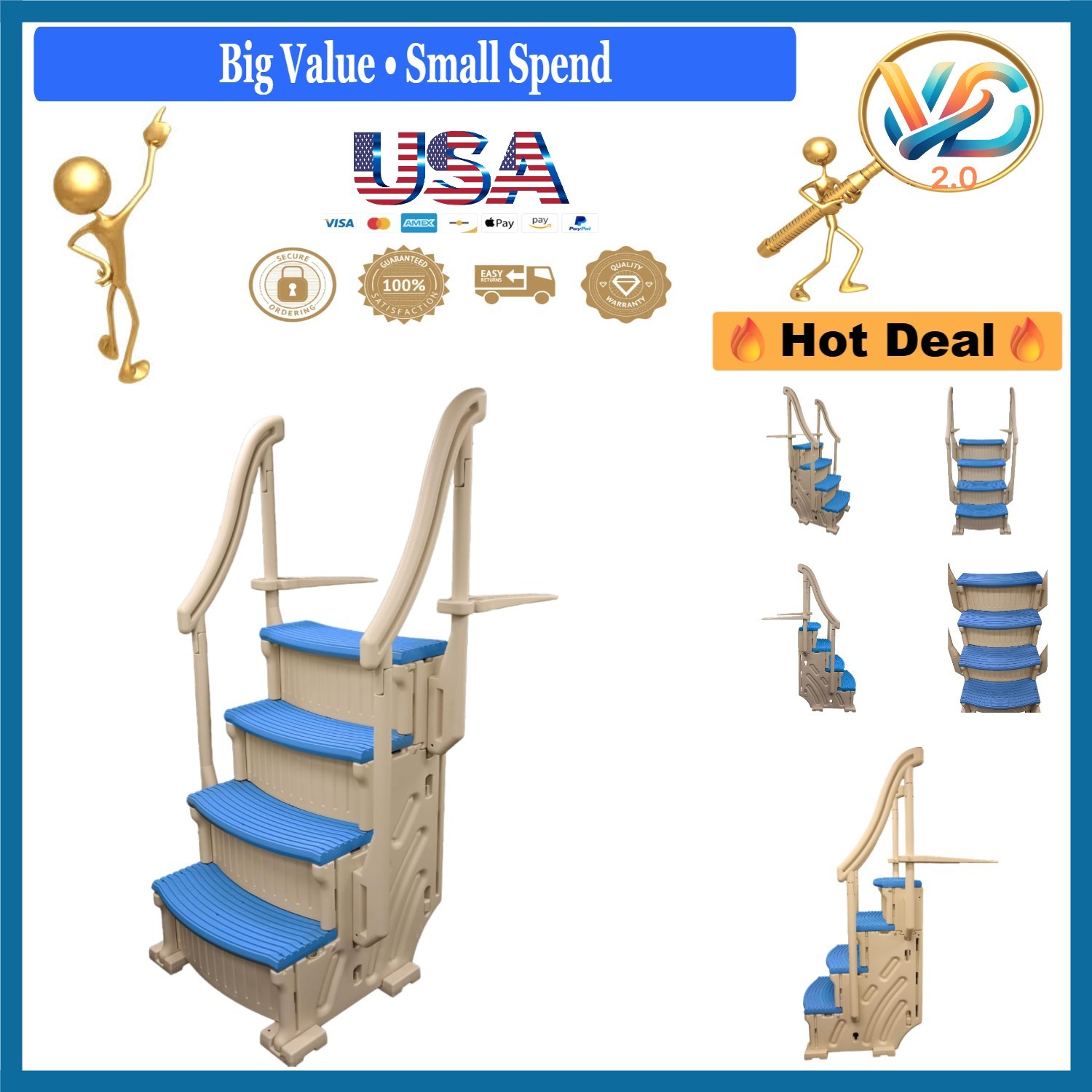 Drop In Pool Step with Blue Treads Anti-slip 400lb Capacity Gray Resin gallery