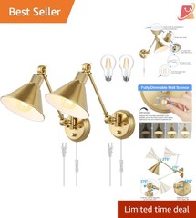 Adjustable Swing Arm Wall Light Sconce Set – Dimmable with Brushed Brass Finish