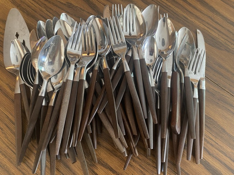 HUGE 76 Pc ECKO ETERNA Forged Stainless Japan Wood Handle VINTAGE Silverware Lot gallery