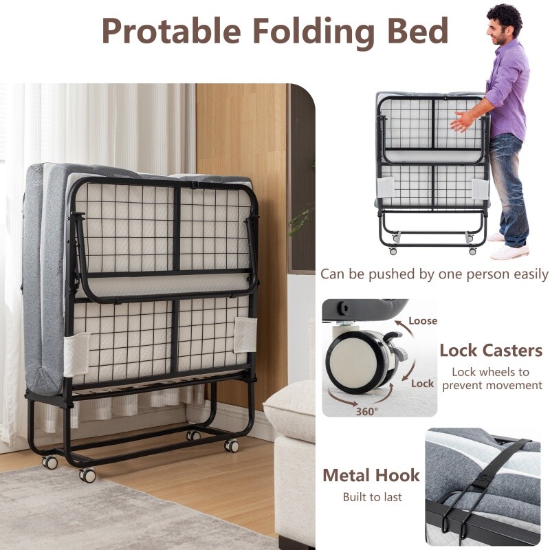 75x38" Folding Bed Cot with Mattress Metal Frame Memory Foam Mattress With Wheel gallery