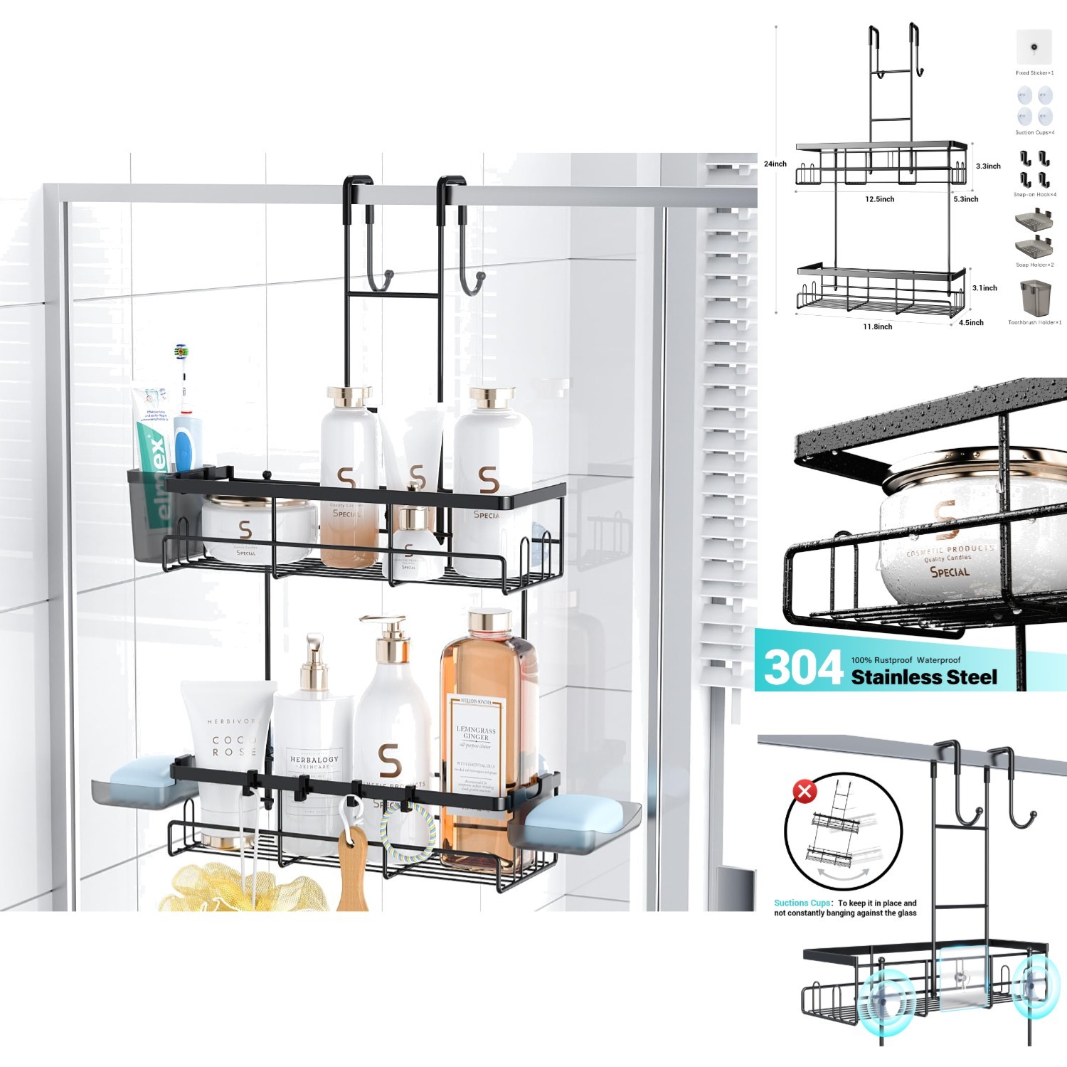 Over the Door Shower Caddy Rustproof Stainless Steel Hanging Bathroom Organizer gallery