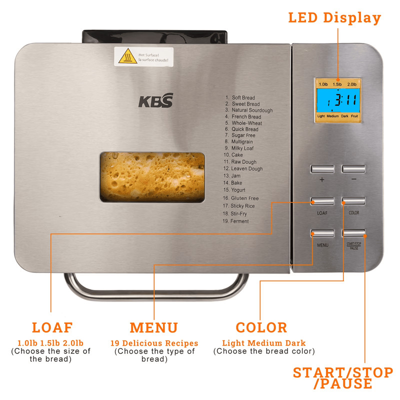 9-in-1 2LB Bread Maker Machine Fully Automatic LCD Display, Stainless Steel gallery