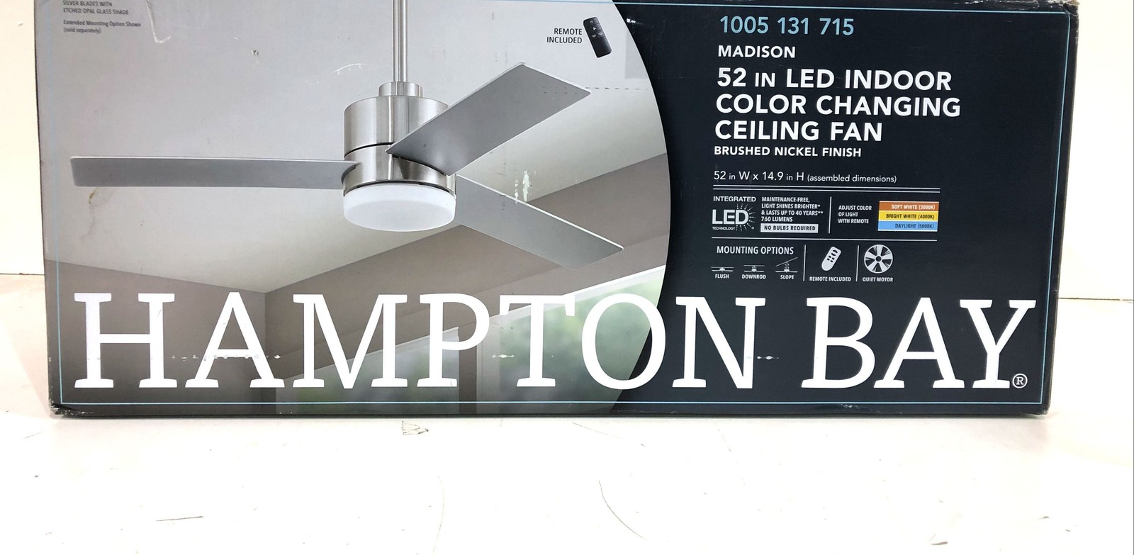 Hampton Bay Madison 52 in. LED Brushed Nickel Indoor Ceiling Fan SEALED gallery
