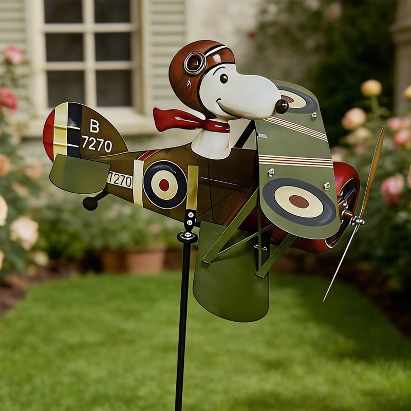 Snoopy Pilot Flying Biplane Vintage Wind Spinner 2D Metal Garden Windmill Decor gallery