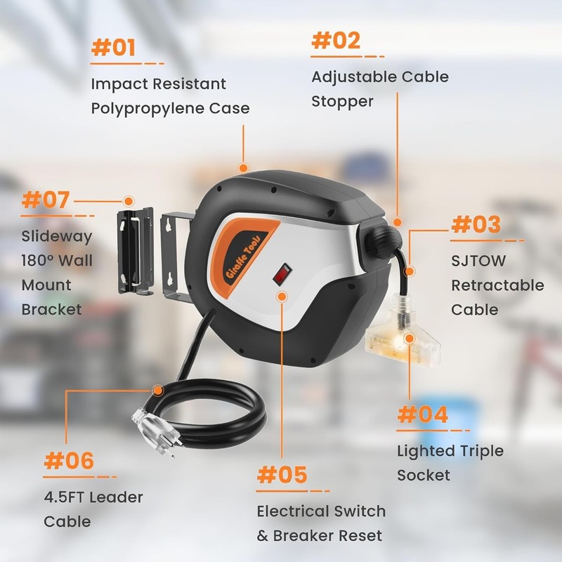 Giraffe Tools 50FT Retractable Extension Cord Reel 14/3AWG SJT Power Cord Reel gallery
