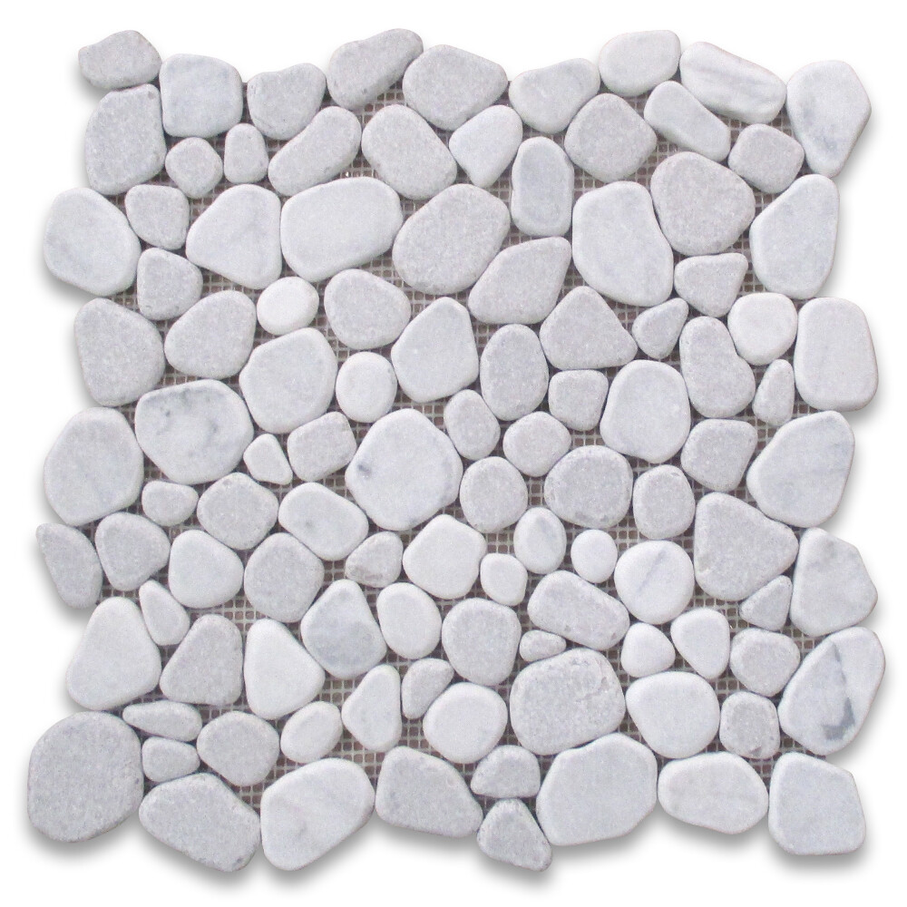 P64T Non Slip Shower Floor Tile Tumbled Carrara Grey Marble Pebble Mosaic gallery
