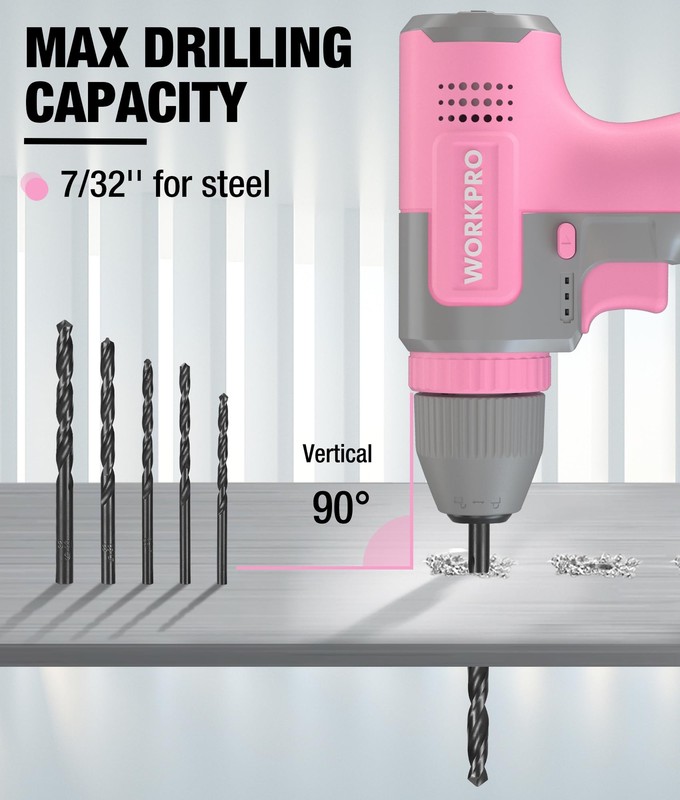WORKPRO Pink Cordless 8V Electric Drill Driver Set 3/8'' Keyless Chuck 15pcs Bit gallery